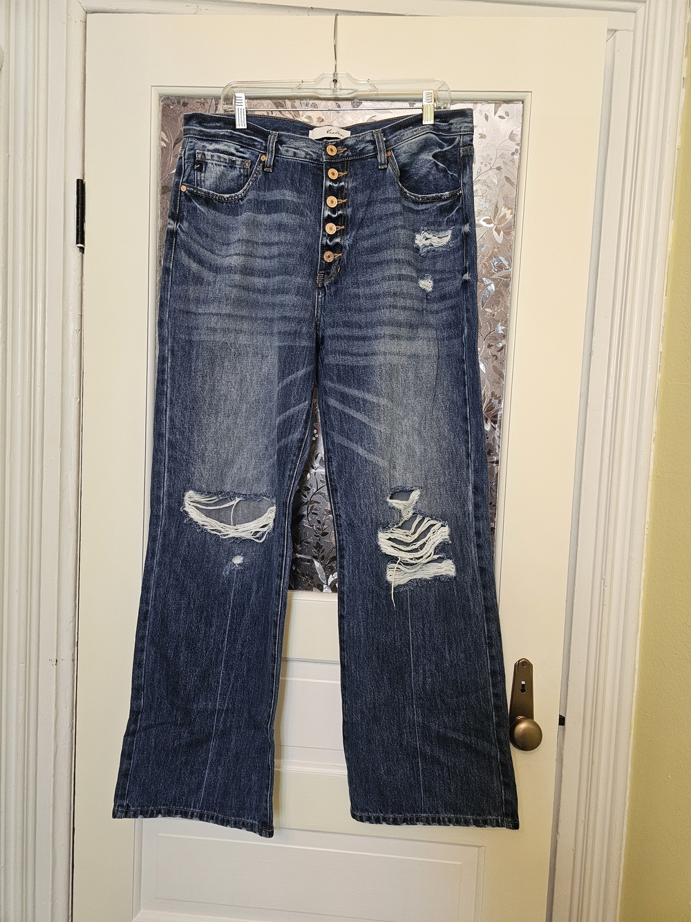 KanCan Dark Indigo Distressed Wide-Leg Button-Fly Jeans
